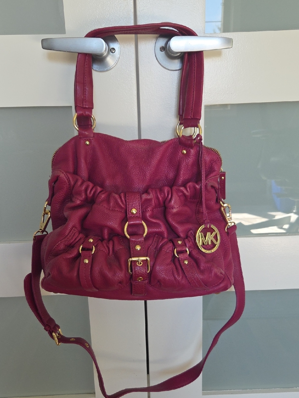 Michael Kors Berry Ruffled Leather Shoulder Bag with Gold Hardware